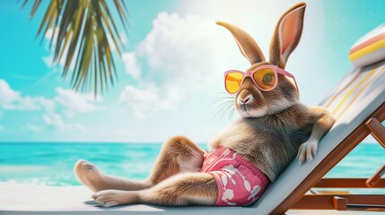 Osterhintergrund, Cooler Hipster Osterhasen sitzt entspannt mit Sonnenbrille und rosa Badehose im Liegestuhl am Strand unter Palme - obrazy, fototapety, plakaty