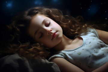 sleeping child girl, at night with, dim light on her face, close-up