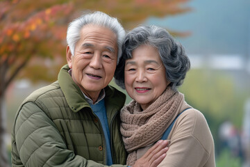 elderly asian couple happy smiling, hugging man and woman, in outerwear, on background of autumn leaves