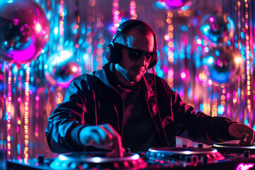 DJ man in black clothes and glasses on background of disco club and mirror balls