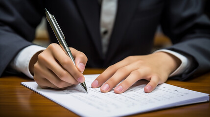 Man in a suit signing a document. Concept of business or education