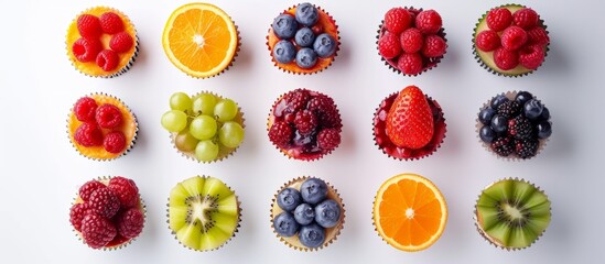 Bio fruit cakes with a variety of fresh orange, kiwi, strawberries, blueberries, red currants,...