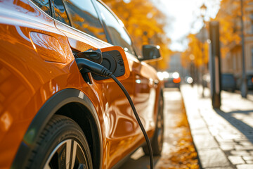 electric orange color car is parked at close-up charging station, eco-friendly transportation, side...