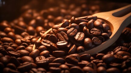 A closeup of coffee beans with a scoop, beautifully illuminated in moody lighting