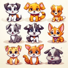 Fototapeta premium Collection of dog illustrations on a white background.