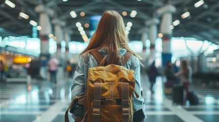 A young woman from behind with long hair and a yellow backpack stands in an airport terminal, facing towards the flight information display boards, portraying a sense of travel and anticipation.