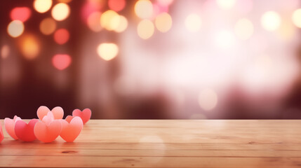 Empty old wooden table background with valentines day theme in background