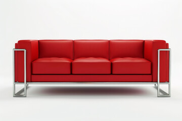 Isolate a sofa with close-up and front view on a white background, emphasize clean lines, geometric shapes, and a minimalist silhouette, use materials like steel or chrome for a modern touch.
