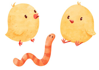 watercolor set showcasing fluffy little chicks and a friendly worm. playful cartoon style, for children's illustrations, Easter-themed designs, and projects seeking a cute and lighthearted touch