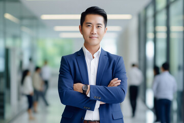 happy businessman ceo, asian man, standing in office arms crossed, in blue jacket and white shirt