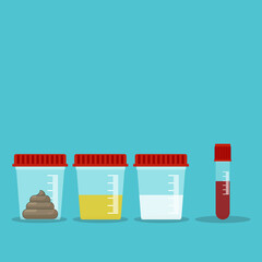 Urine, stool, sperm and blood analysis. Urine, stool, sperm and blood test. Medical analysis laboratory test. Medical samples.	
