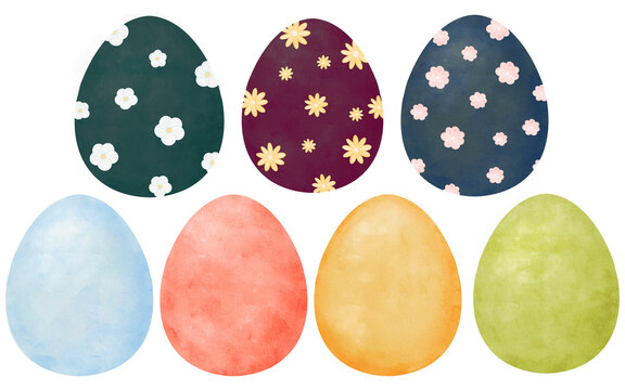 Set of colorful and vibrant watercolor eggs adorned with flowers. diverse collection perfect for infusing artistic and floral elements into creative projects, including textiles, posters, invitations