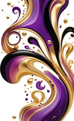 Abstract swirls of gold, purple and black oil based paint on a white background
