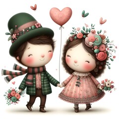 Obraz na płótnie Canvas Whimsical cute adorable couple valentine love affection illustration