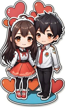 Sticker or logo of young anime couple holding hands, dressed in matching outfits