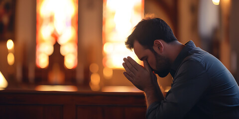 A lonely and hopeless man is sitting and praying to God in a church with beautiful light. - Powered by Adobe