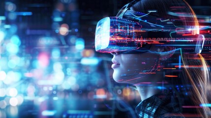 A woman wearing futuristic high-tech virtual reality glasses