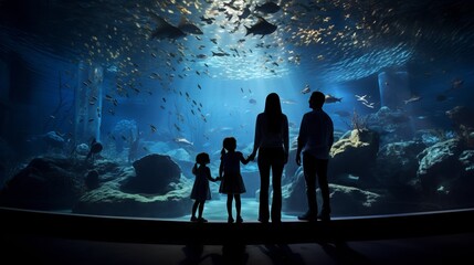 Silhouettes of a family with children admiring and watching a variety of marine life, whale sharks and fish in a large aquarium. Entertainment, fun weekend concepts.