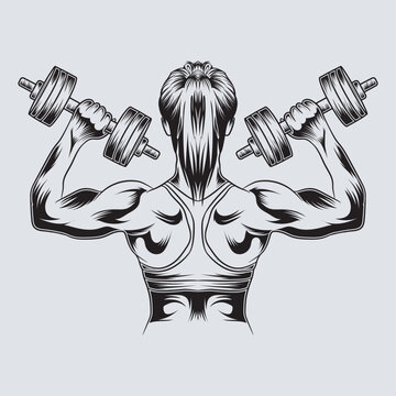 Fitness girl hand rising with a gym dumble vector graphic illustration