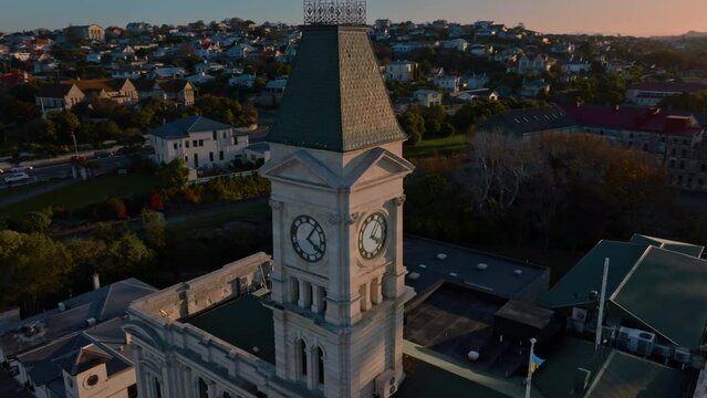 Aerial: Buildings and clock tower in downtown Oamaru, Otago, New Zealand.