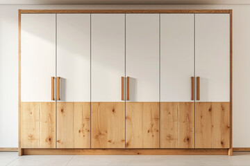 Generate a full-body, front, and close-up view of a modern chic-inspired wardrobe in white with wooden accents. Emphasize sleek lines, contemporary handles, and a minimalist design.