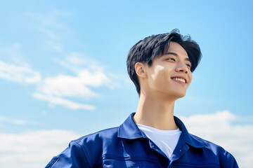 青空と作業着・オーバーオールを着た工場勤務の自動車整備士をイメージした20代男性の爽やかな笑顔のビジネス向けポートレート