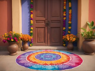 Bright rangoli in front of home entrance for Diwali festival. Warm, welcoming, traditional style. Festive spirit and Diwali concept design. Suitable for holiday decor, design, advertising materials