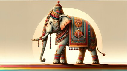 Painted elephant, decorated with flowers, gold and a blanket. Traditional, ritual style. Concept of Indian New Year and Elephant Festival. Illustration for design, print, greeting card, banner, poster