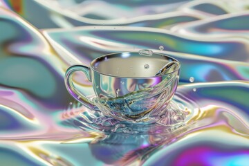 A vivid illustration featuring a clear cup with dynamic liquid splash in multi-hued, psychedelic...