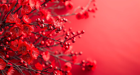 chinese new year traditional decorations with red flowers set on an red background
