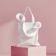 A creatively twisted white tote bag is displayed on a pastel-colored podium, showcasing modern art influences