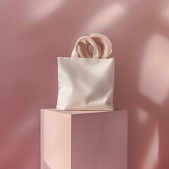 A plain white tote bag is strategically placed on a pastel-hued pedestal with a gentle backdrop, creating a serene scene