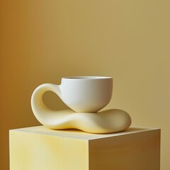 A white mug on a cube pedestal with dramatic sharp shadows, highlighting the interplay of light and form