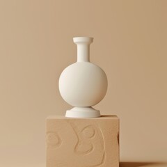Fototapeta na wymiar Spherical white vase with narrow neck atop a cubical beige stand with embossed designs in soft lighting