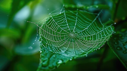 Dew-kissed spider web adorns a lush green leaf, nature's delicate artwork on display, Ai Generated