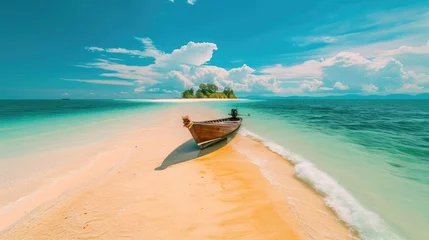 Foto op Canvas A beautiful summer landscape showcases a tropical island with a boat in the ocean, Ai Generated. © Crazy Juke