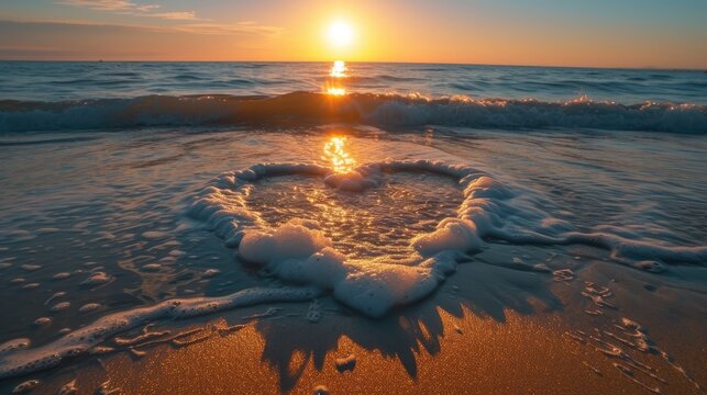 Sunset paints a heart of waves on the beach, a romantic embrace of nature's artistry, Ai Generated
