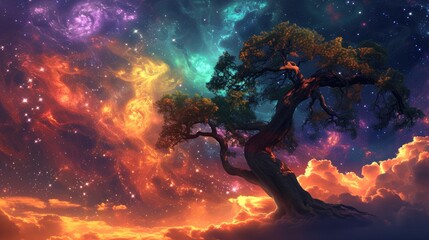Ancient tree spreads its branches against a colorful cosmic sky, a timeless marvel, Ai Generated