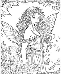 Beautiful Fairy Coloring Page Black and White Line Art