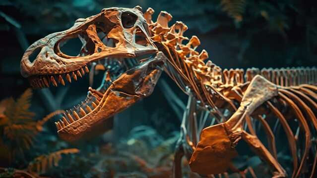 A closeup of a beautifully preserved dinosaur skeleton discovered by an amateur paleontologist and carefully reconstructed to bring the prehistoric creature back to life.