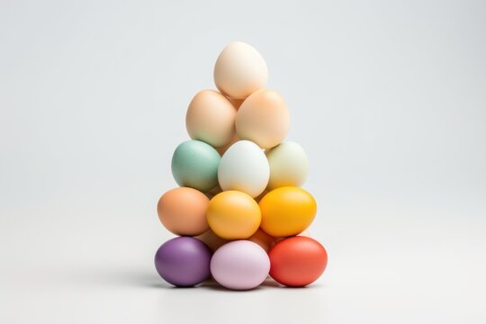 Colorful easter eggs arranged in a pyramid on a white background