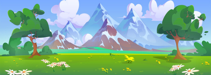 Summer mountain valley with flowers and trees. Vector cartoon illustration of green spring field with grass and bushes, rocky cliffs with glacier, white clouds in sunny blue sky, beautiful scenery