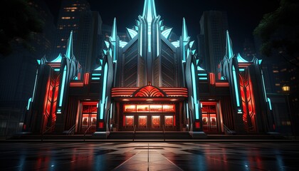 An art deco style cinema with a neon marquee - obrazy, fototapety, plakaty