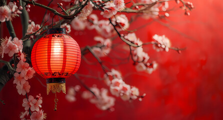 christmas decoration with chinese lantern on red background