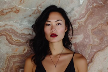 Asian Woman in Creative Dreamlike Nostalgic Pink, Brown, Cream Background - Direct Gaze with Makeup defined Eyebrows and Red Lipstick - Dark Hair and Black Dress created with Generative AI Technology