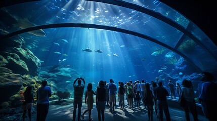 Silhouettes of tourists in a giant aquarium. People admire beautiful fish swimming in clear water through a glass panel. Marine life, Sightseeing, Travel, Entertainment and fun weekend concepts. - obrazy, fototapety, plakaty
