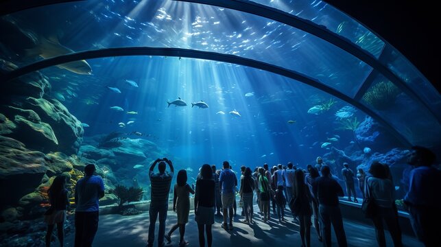 Silhouettes of tourists in a giant aquarium. People admire beautiful fish swimming in clear water through a glass panel. Marine life, Sightseeing, Travel, Entertainment and fun weekend concepts.