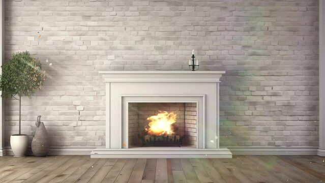 white living room with fireplace.  rustic fireplace in an empty room with a white brick. seamless looping overlay 4k virtual video animation background 