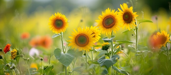 Blooming field of sunflowers and wildflowers with shallow depth of focus.