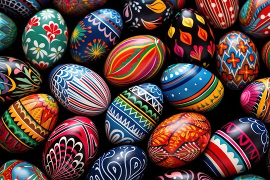 Painted easter eggs as a background, close-up.